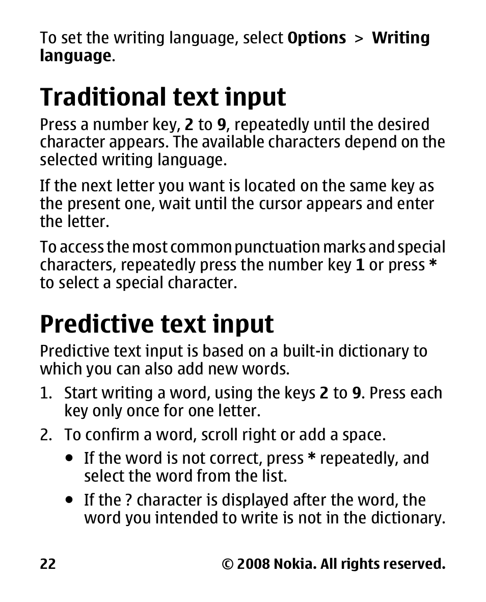 Traditional text input, Predictive text input | Nokia 2680 slide User Manual | Page 23 / 144