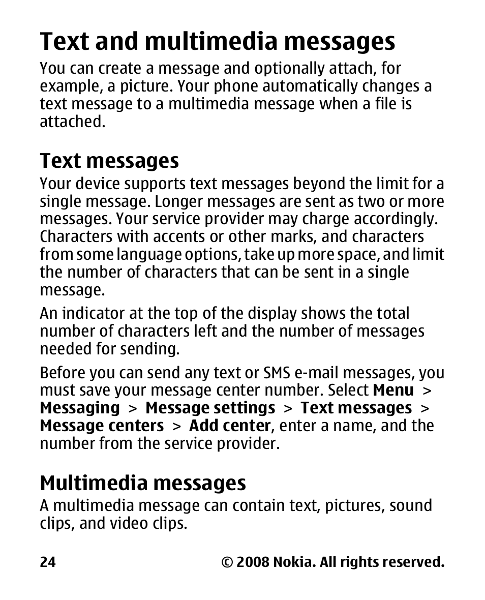 Text and multimedia messages, Text messages, Multimedia messages | Text and multimedia, Messages | Nokia 2680 slide User Manual | Page 25 / 144