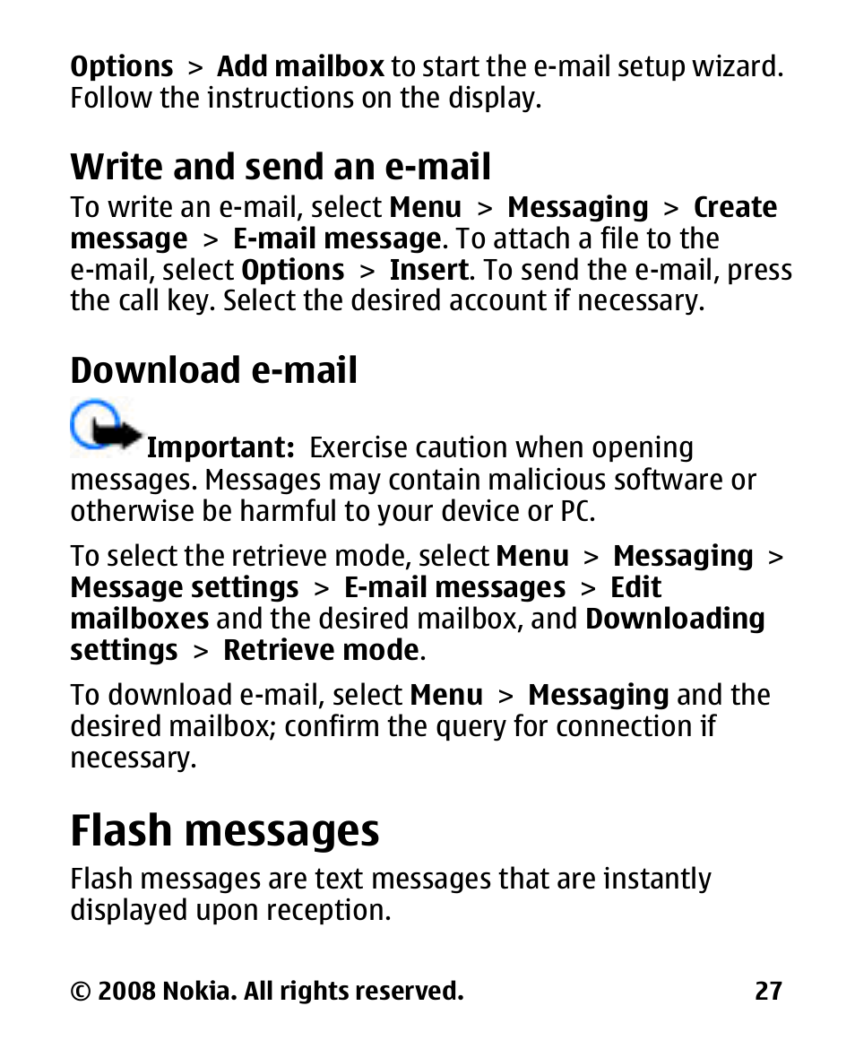 Write and send an e-mail, Download e-mail, Flash messages | Write and send an e, Mail | Nokia 2680 slide User Manual | Page 28 / 144