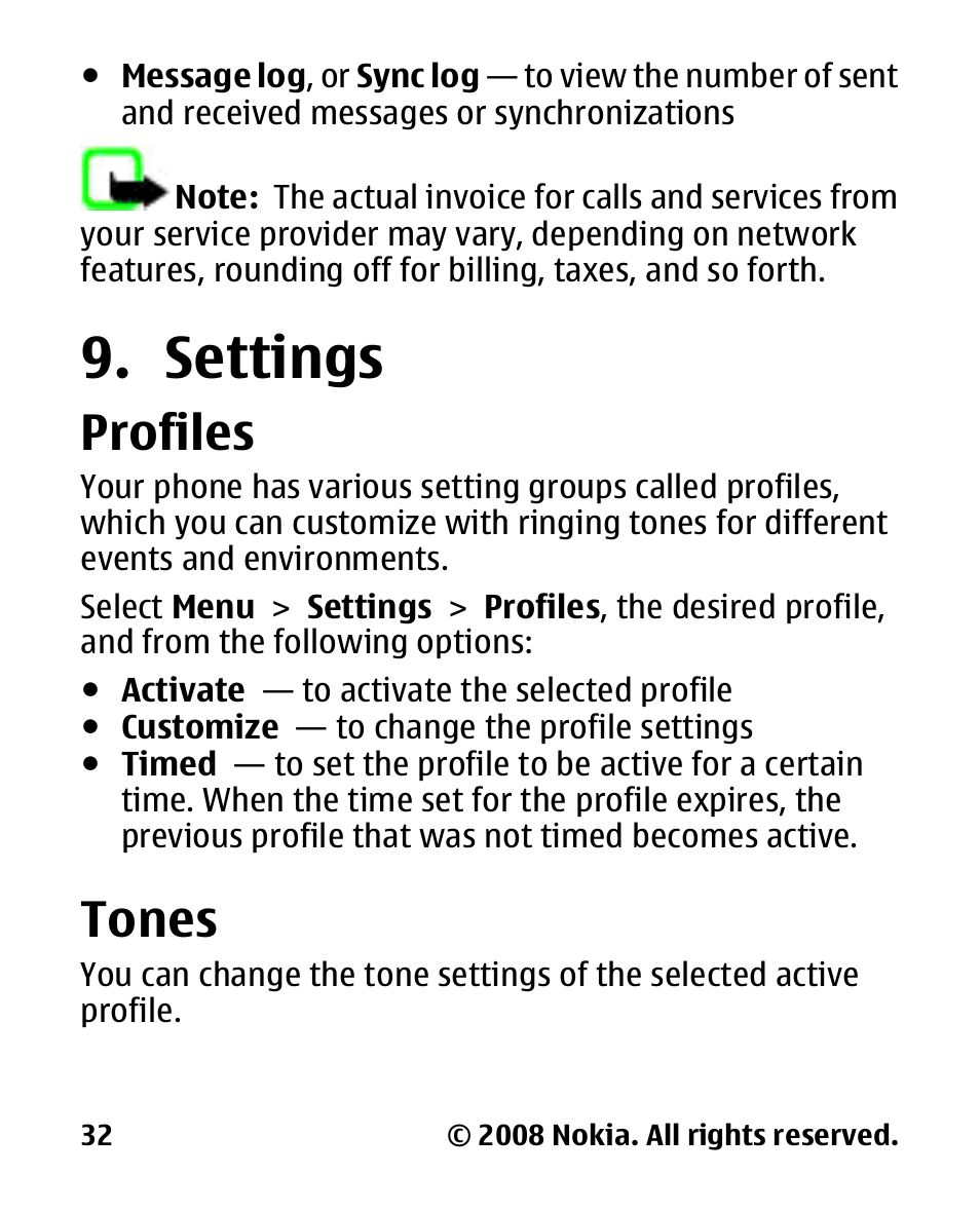 Settings, Profiles, Tones | Nokia 2680 slide User Manual | Page 33 / 144