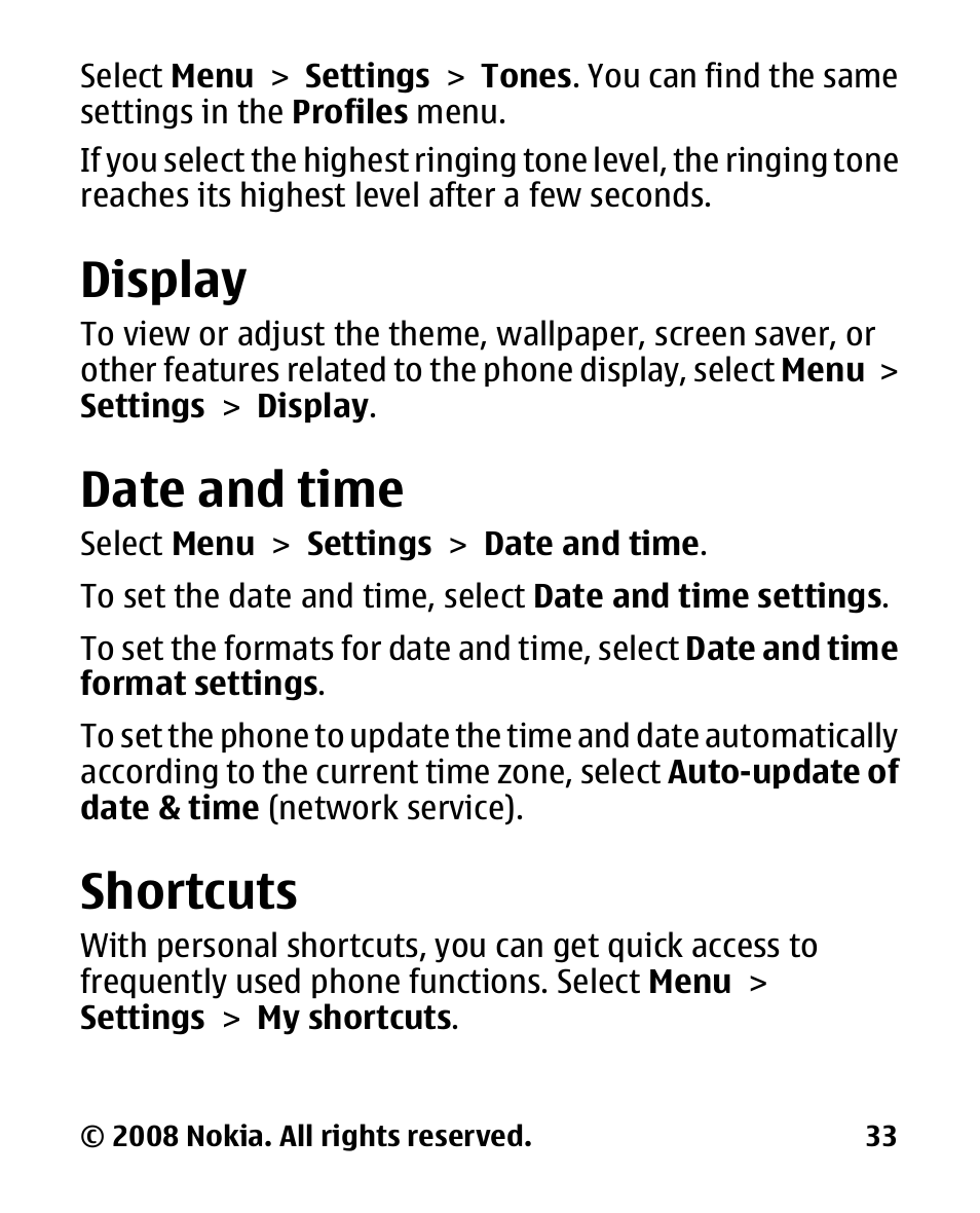 Display, Date and time, Shortcuts | Nokia 2680 slide User Manual | Page 34 / 144