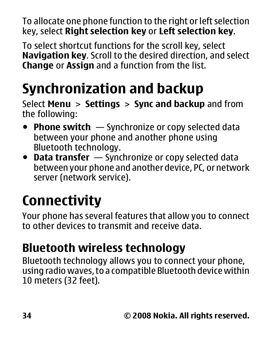 Synchronization and backup, Connectivity, Bluetooth wireless technology | Synchronization and, Backup, Bluetooth wireless, Technology | Nokia 2680 slide User Manual | Page 35 / 144