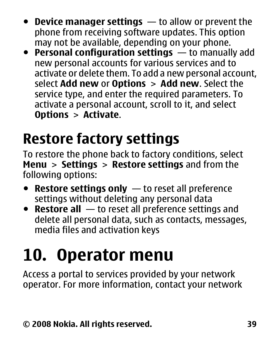Restore factory settings, Operator menu | Nokia 2680 slide User Manual | Page 40 / 144