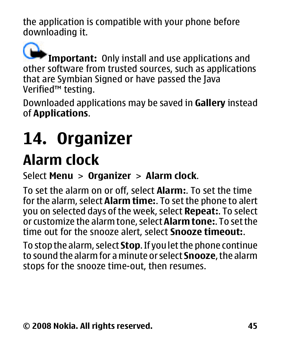 Organizer, Alarm clock | Nokia 2680 slide User Manual | Page 46 / 144