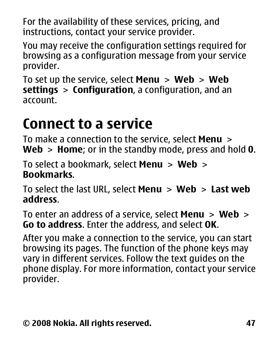 Connect to a service | Nokia 2680 slide User Manual | Page 48 / 144