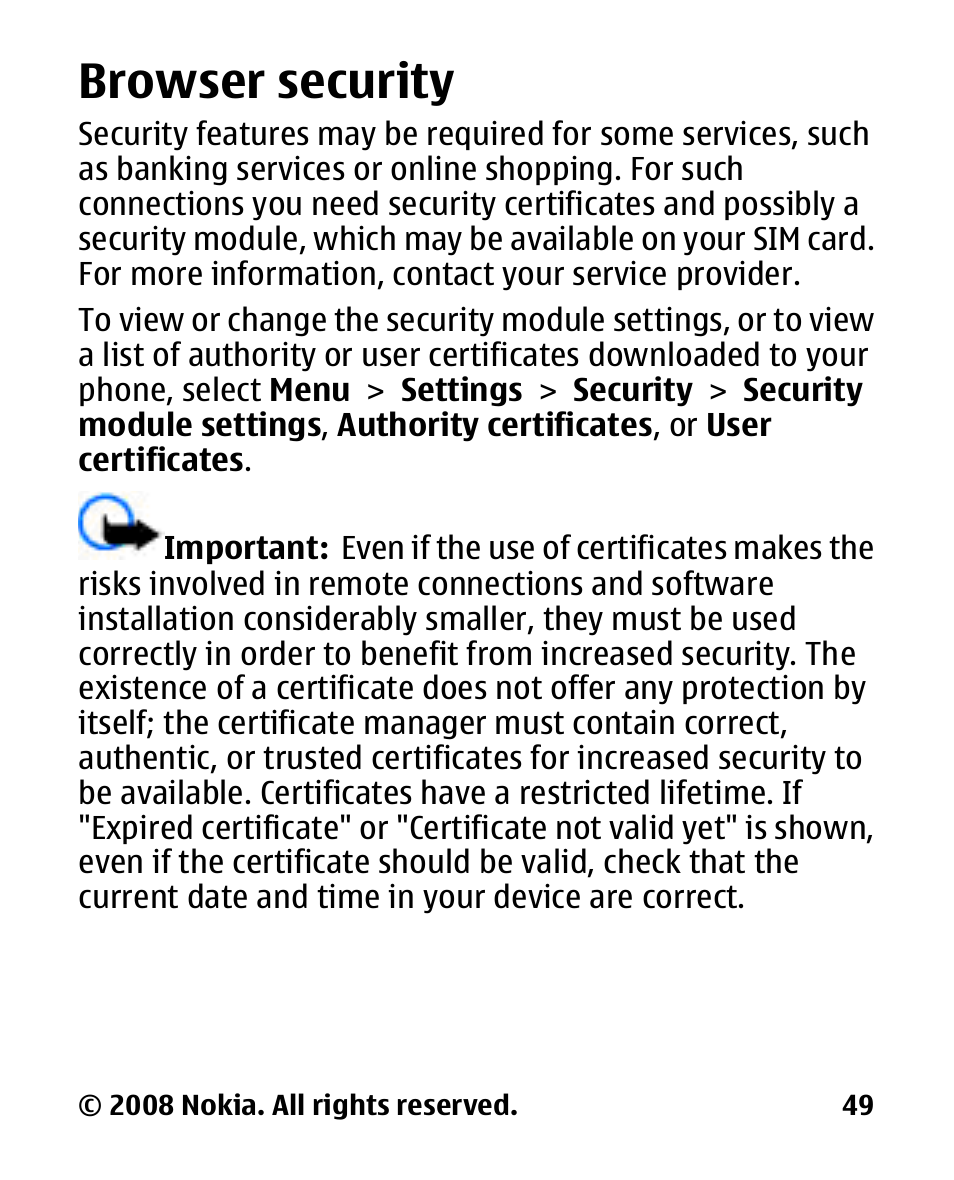 Browser security | Nokia 2680 slide User Manual | Page 50 / 144