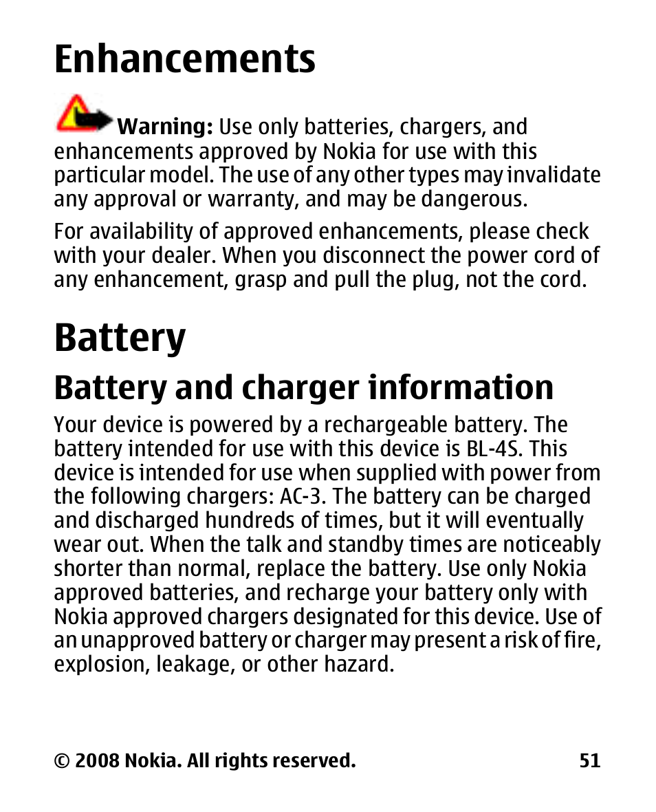 Enhancements, Battery, Battery and charger information | Enhancements battery, Battery and charger, Information | Nokia 2680 slide User Manual | Page 52 / 144