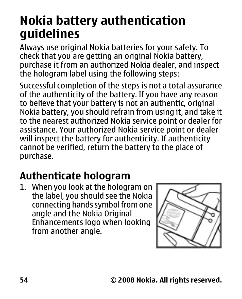 Nokia battery authentication guidelines, Authenticate hologram, Nokia battery | Authentication, Guidelines | Nokia 2680 slide User Manual | Page 55 / 144