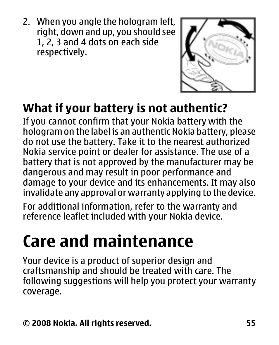 What if your battery is not authentic, Care and maintenance, What if your battery is | Not authentic, Care and, Maintenance | Nokia 2680 slide User Manual | Page 56 / 144