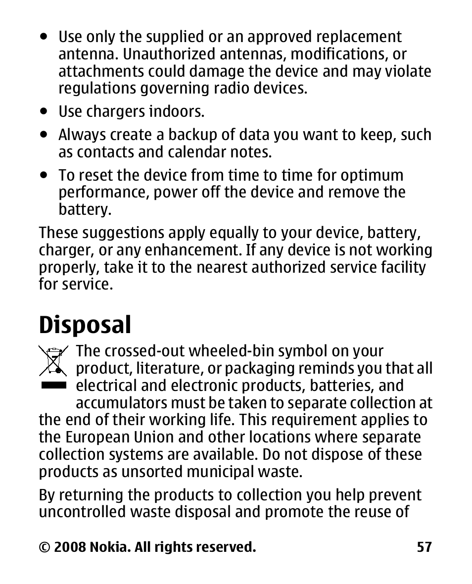 Disposal | Nokia 2680 slide User Manual | Page 58 / 144