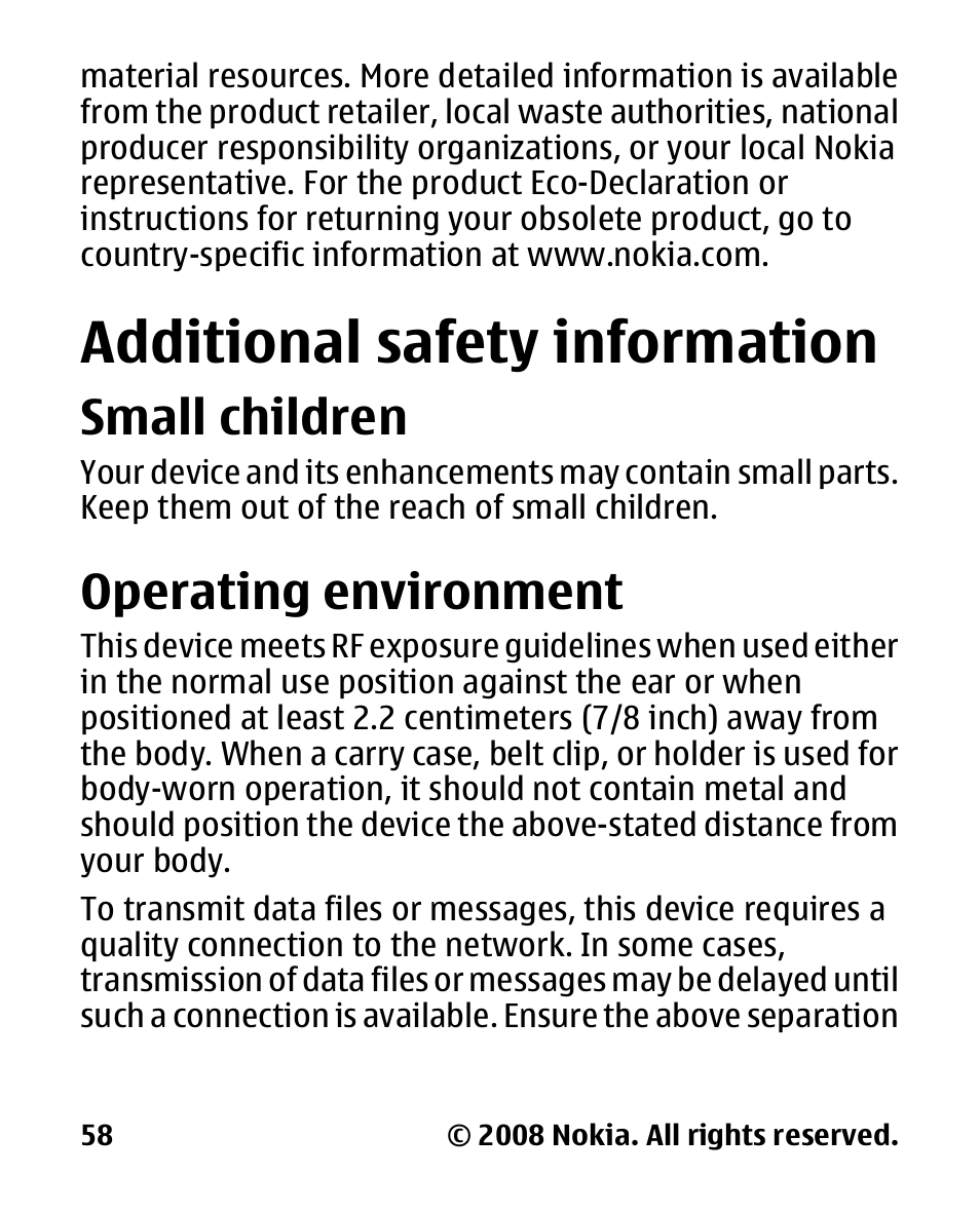 Additional safety information, Small children, Operating environment | Additional safety, Information | Nokia 2680 slide User Manual | Page 59 / 144
