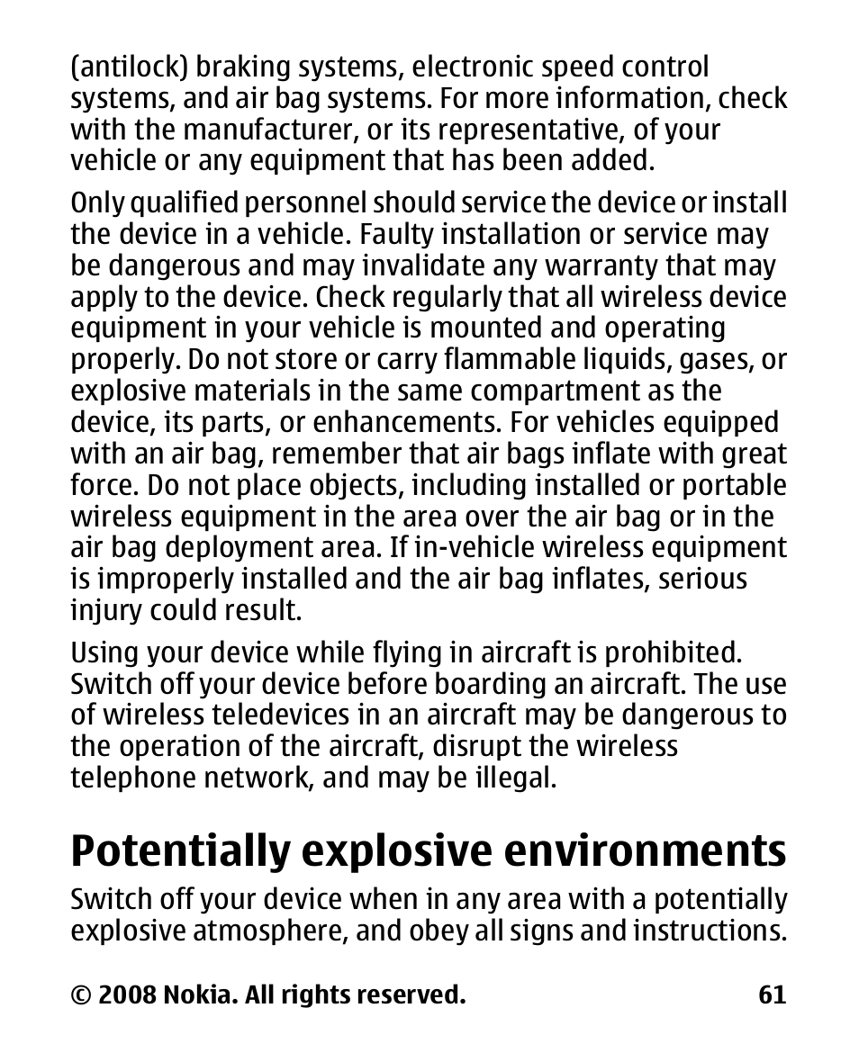 Potentially explosive environments, Potentially explosive, Environments | Nokia 2680 slide User Manual | Page 62 / 144