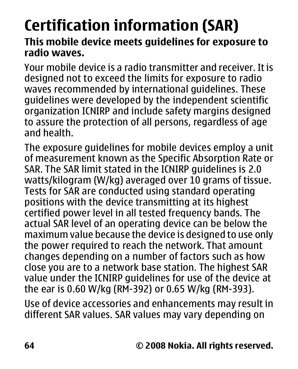 Certification information (sar), Certification information, Sar) | Nokia 2680 slide User Manual | Page 65 / 144