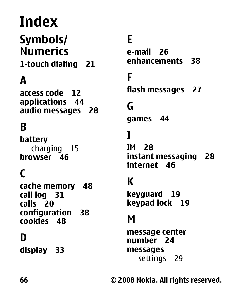 Index, Symbols/ numerics | Nokia 2680 slide User Manual | Page 67 / 144