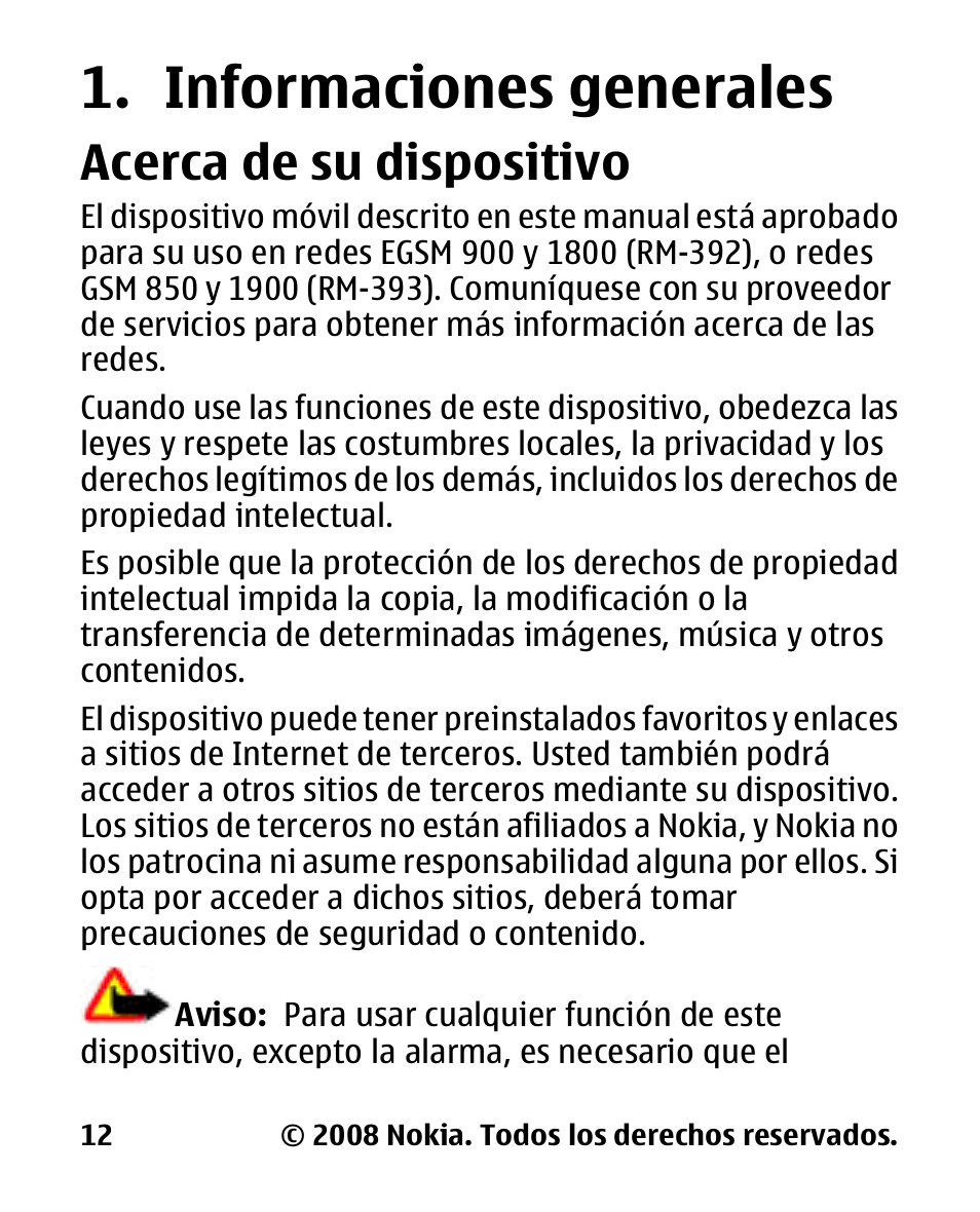 Informaciones generales, Acerca de su dispositivo, Informaciones | Generales | Nokia 2680 slide User Manual | Page 80 / 144