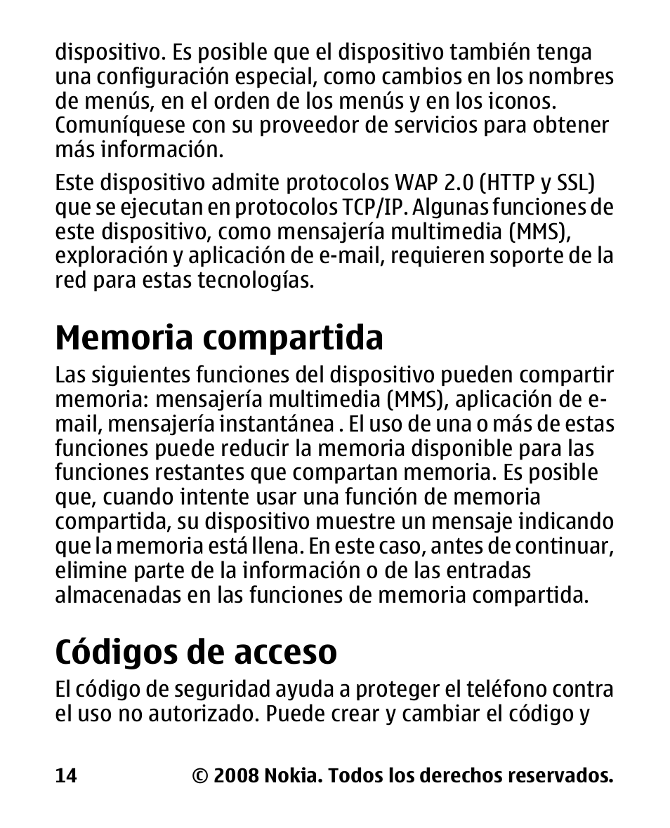 Memoria compartida, Códigos de acceso | Nokia 2680 slide User Manual | Page 82 / 144