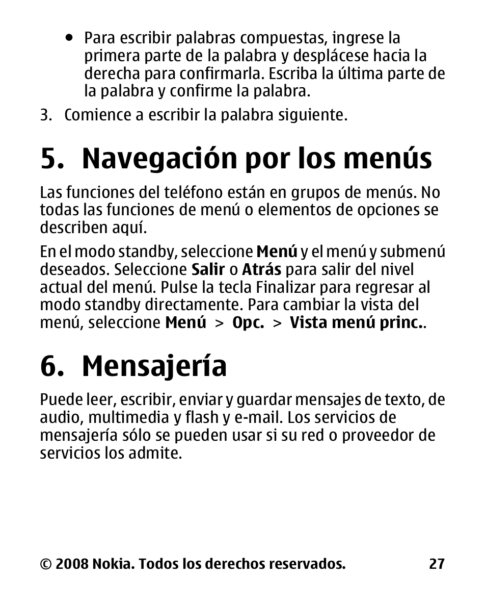 Navegación por los menús, Mensajería, Navegación por | Los menús 6. mensajería | Nokia 2680 slide User Manual | Page 95 / 144