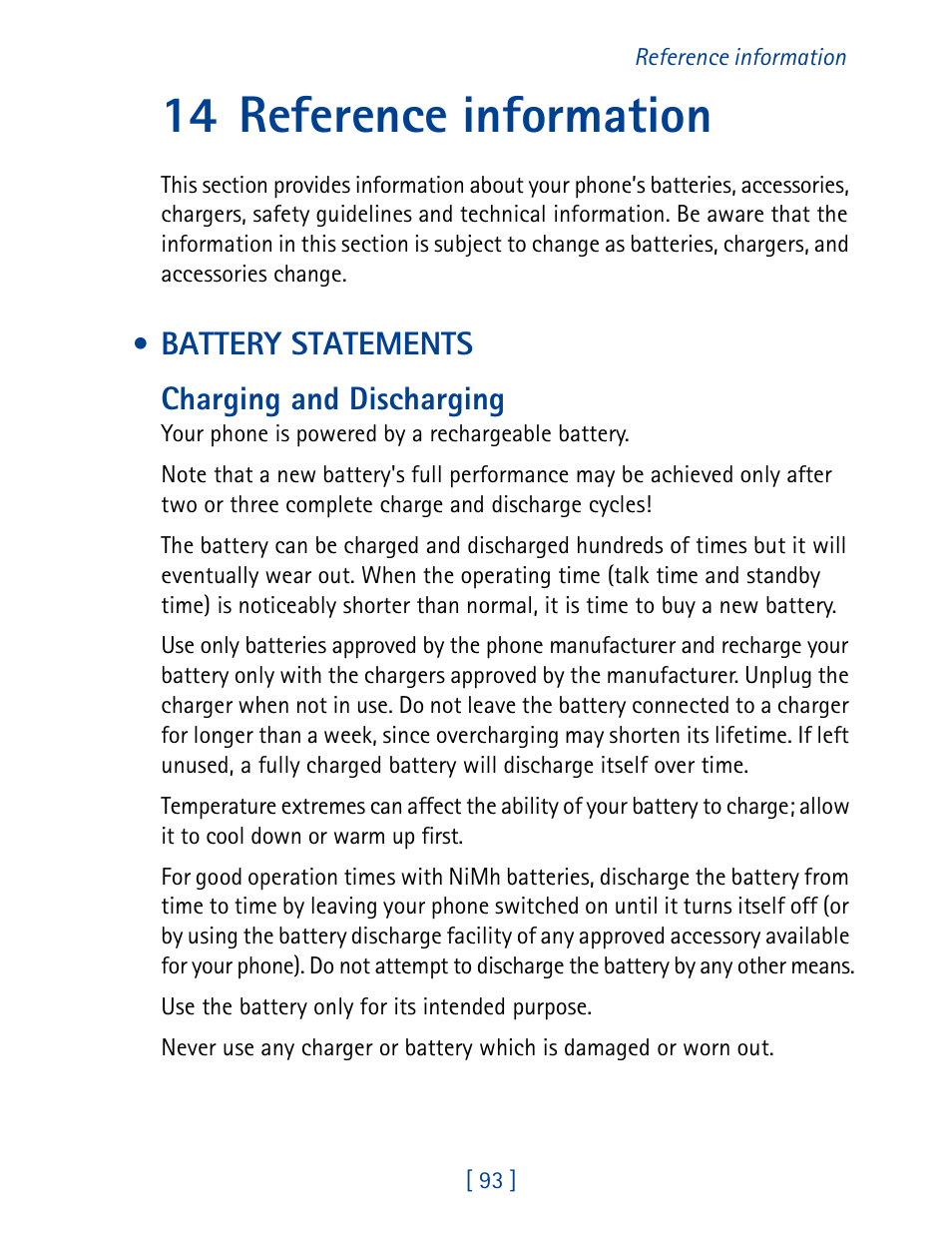 14 reference information, Battery statements, Battery statements charging and discharging | Nokia 1261 User Manual | Page 100 / 145