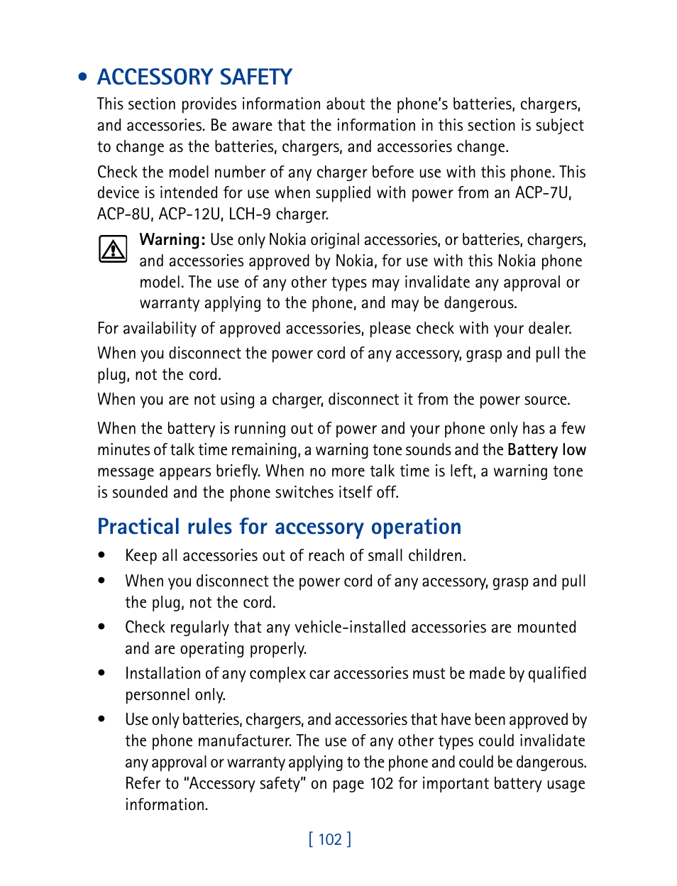 Accessory safety, Practical rules for accessory operation | Nokia 1261 User Manual | Page 109 / 145