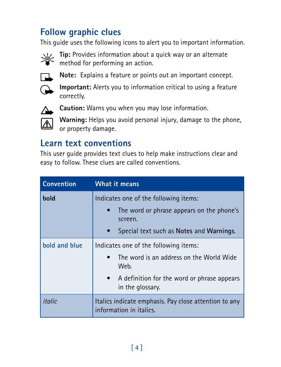 Follow graphic clues, Learn text conventions | Nokia 1261 User Manual | Page 11 / 145