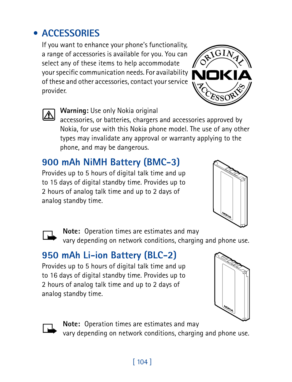 Accessories, 900 mah nimh battery (bmc-3), 950 mah li-ion battery (blc-2) | Nokia 1261 User Manual | Page 111 / 145