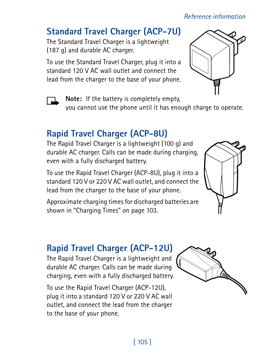 Standard travel charger (acp-7u), Rapid travel charger (acp-8u), Rapid travel charger (acp-12u) | Nokia 1261 User Manual | Page 112 / 145