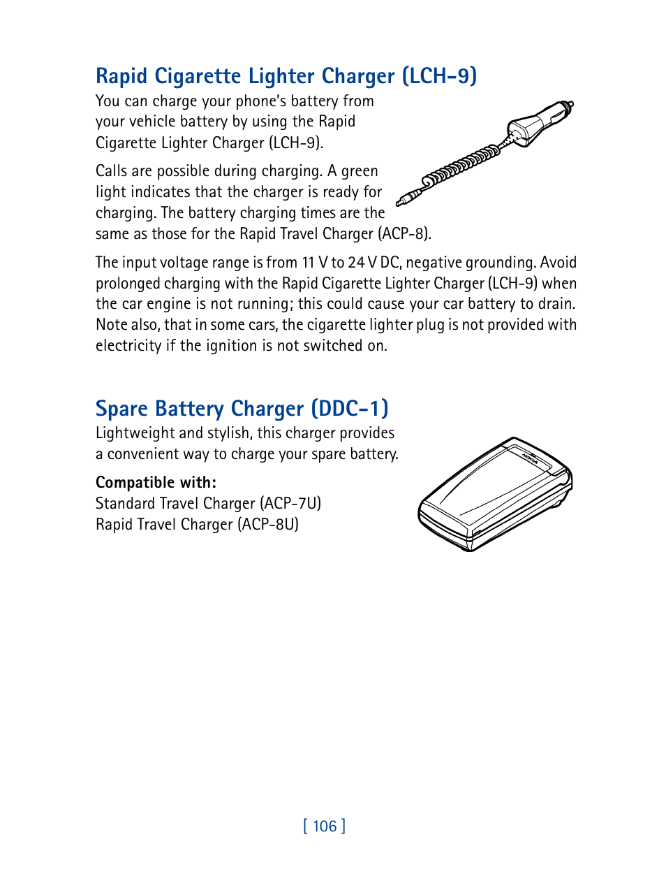 Rapid cigarette lighter charger (lch-9), Spare battery charger (ddc-1) | Nokia 1261 User Manual | Page 113 / 145