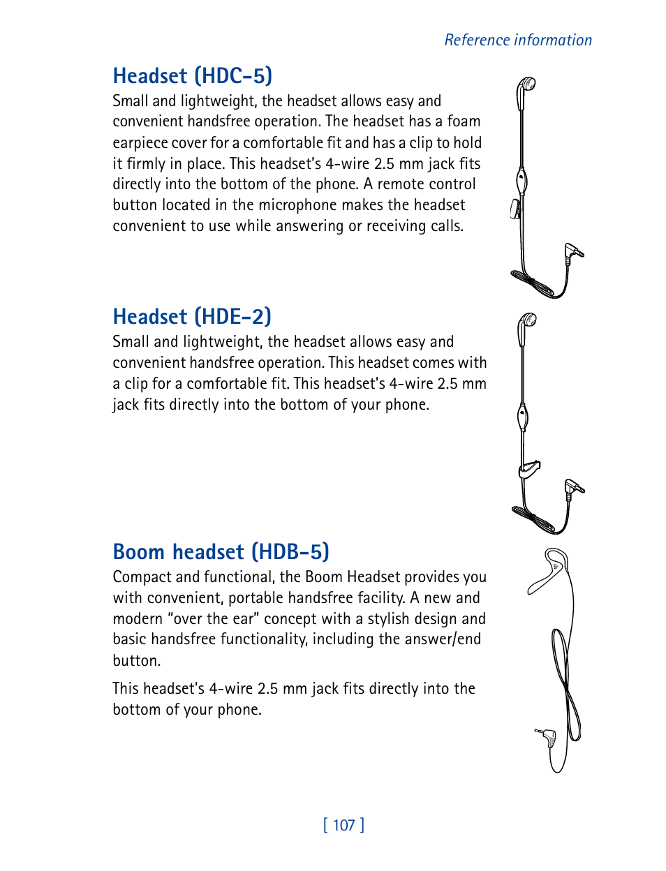 Headset (hdc-5), Headset (hde-2), Boom headset (hdb-5) | Nokia 1261 User Manual | Page 114 / 145