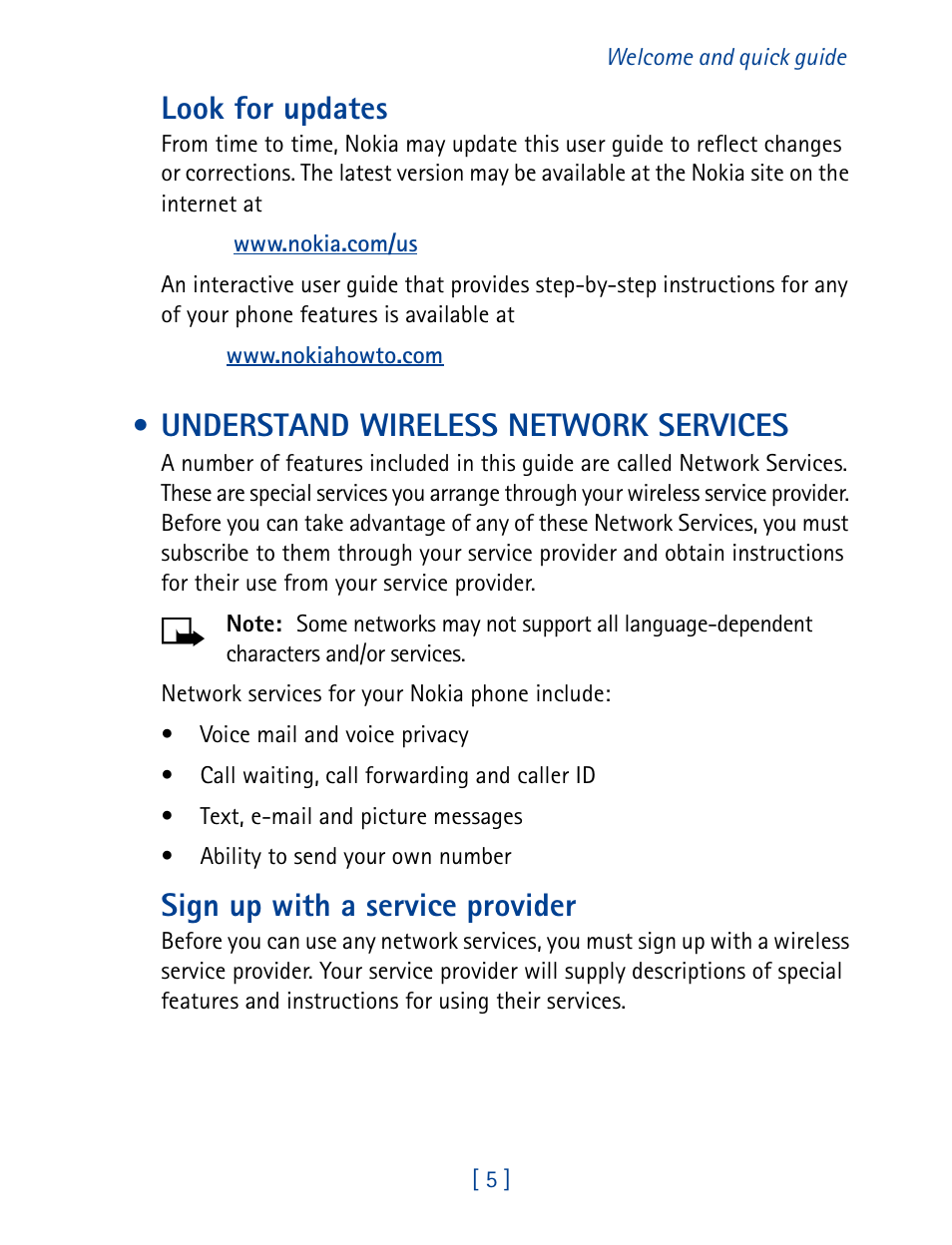 Understand wireless network services, Look for updates, Sign up with a service provider | Nokia 1261 User Manual | Page 12 / 145