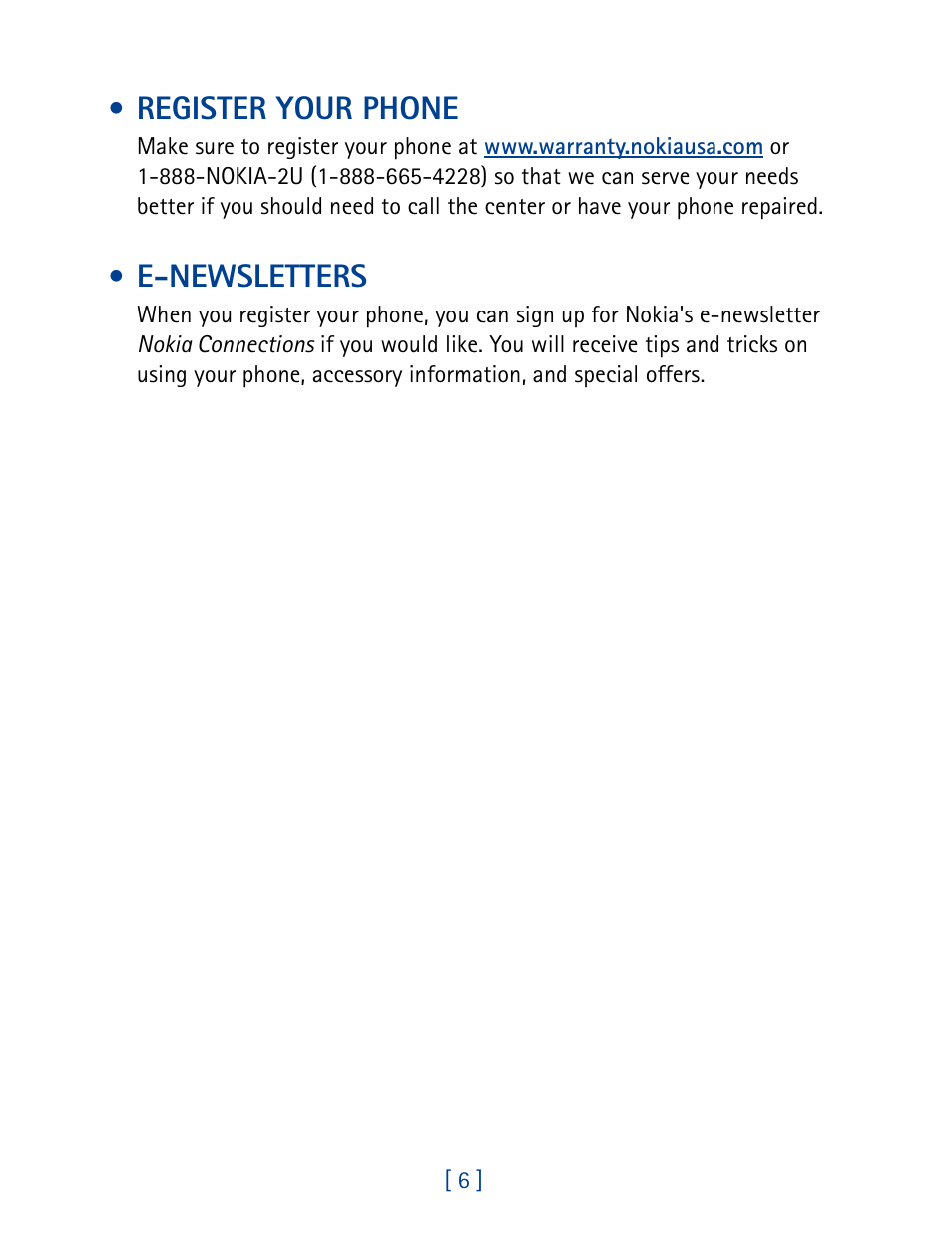 Register your phone, E-newsletters, Register your phone e-newsletters | Nokia 1261 User Manual | Page 13 / 145