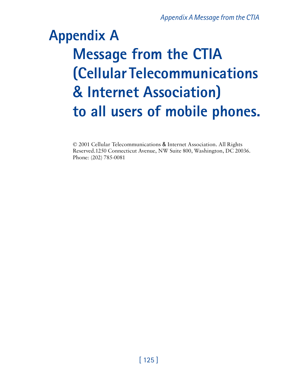 Appendix a message from the ctia, Appendix a | Nokia 1261 User Manual | Page 132 / 145