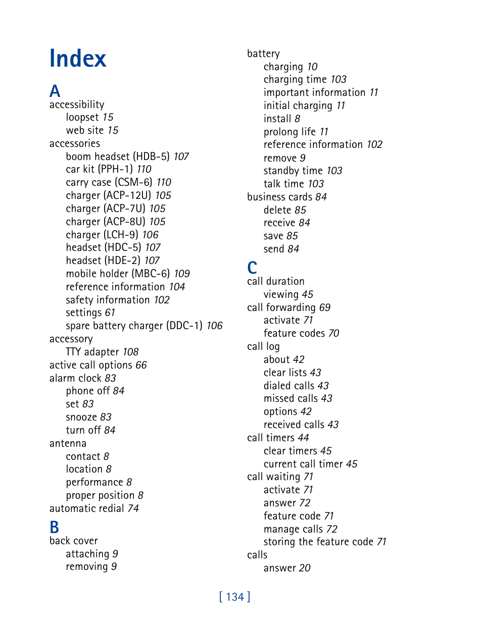 Index | Nokia 1261 User Manual | Page 141 / 145