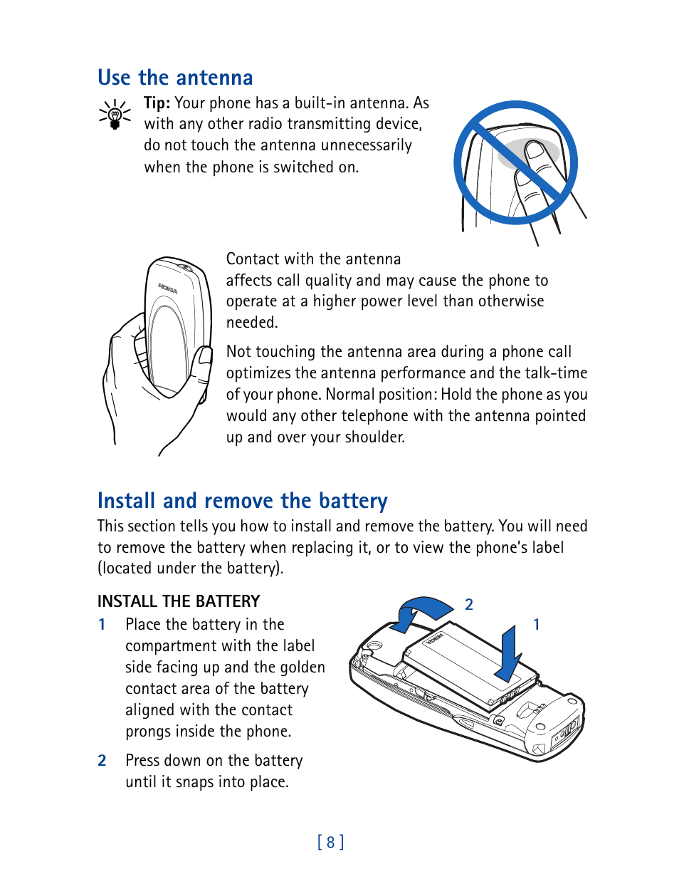 Use the antenna, Install and remove the battery | Nokia 1261 User Manual | Page 15 / 145