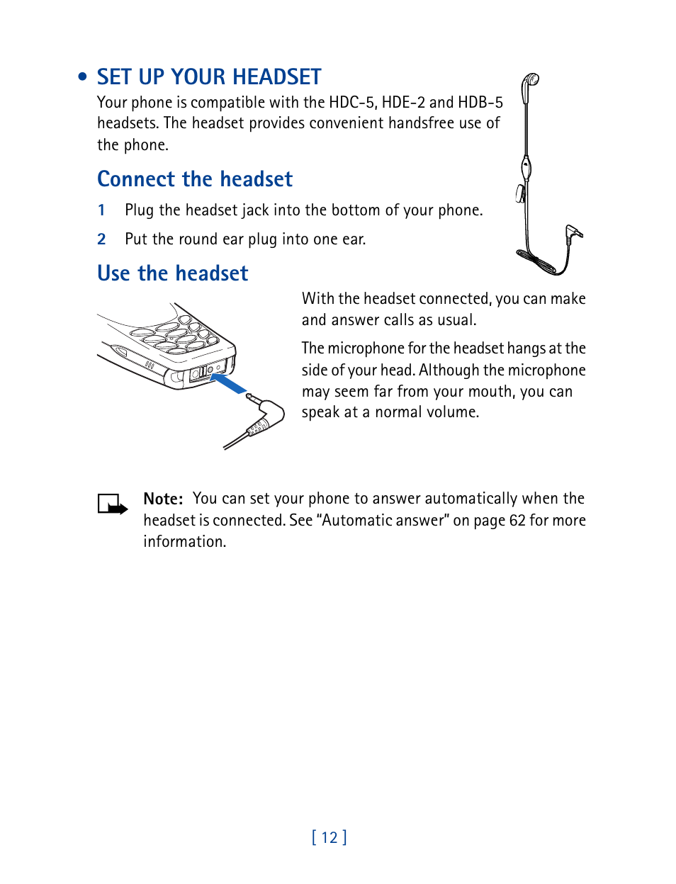 Set up your headset, Connect the headset, Use the headset | Nokia 1261 User Manual | Page 19 / 145