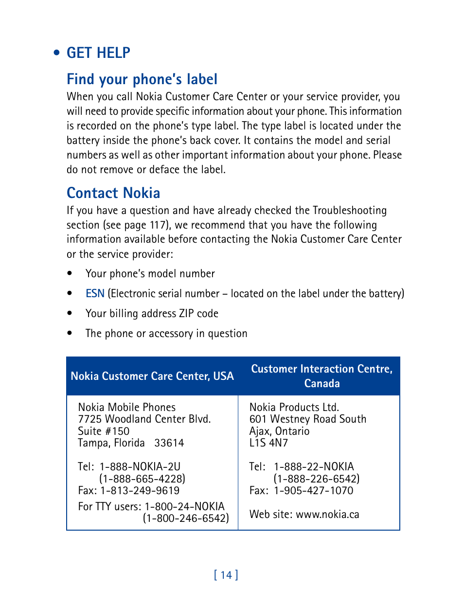 Get help, Get help find your phone’s label, Contact nokia | Nokia 1261 User Manual | Page 21 / 145