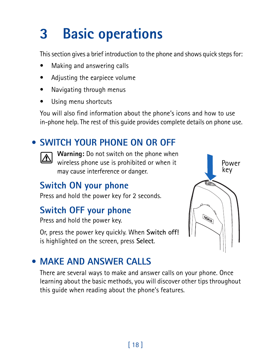 3 basic operations, Switch your phone on or off, Make and answer calls | Basic operations, Switch your phone on or off make and answer calls, 3basic operations, Switch on your phone, Switch off your phone | Nokia 1261 User Manual | Page 25 / 145