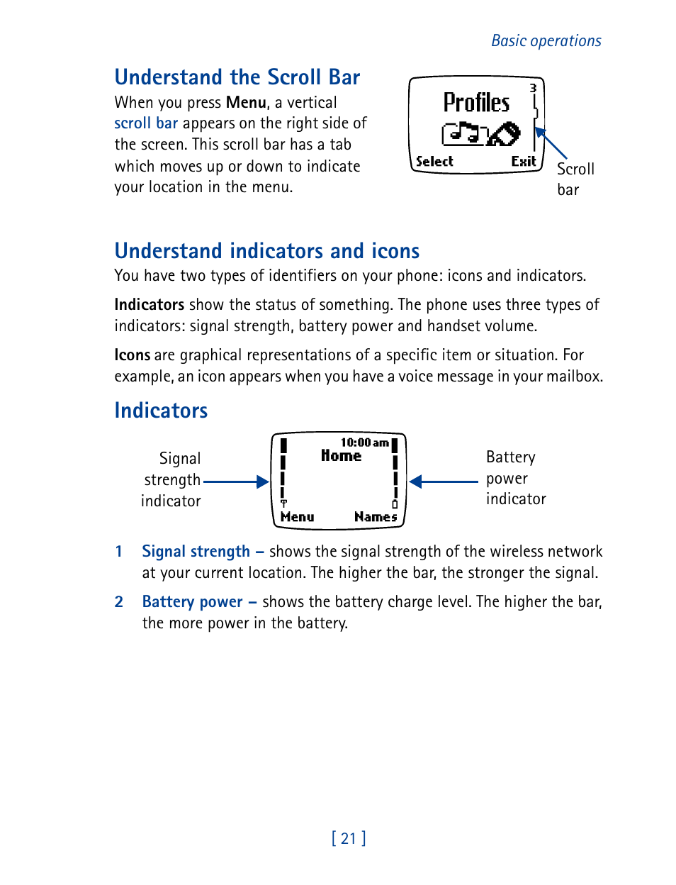 Understand the scroll bar, Understand indicators and icons, Indicators | Nokia 1261 User Manual | Page 28 / 145