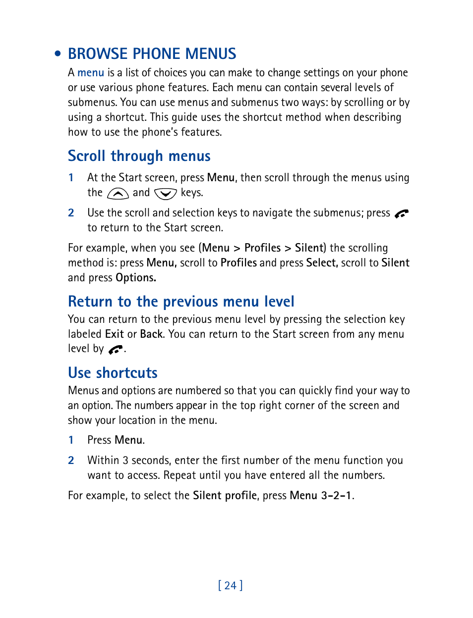 Browse phone menus, Scroll through menus, Return to the previous menu level | Use shortcuts | Nokia 1261 User Manual | Page 31 / 145