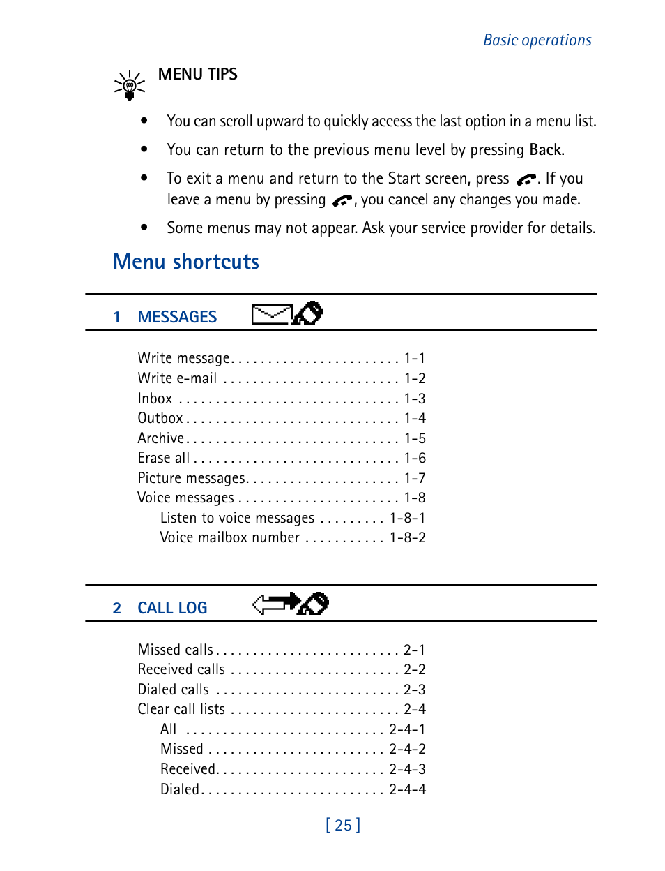 Menu shortcuts | Nokia 1261 User Manual | Page 32 / 145