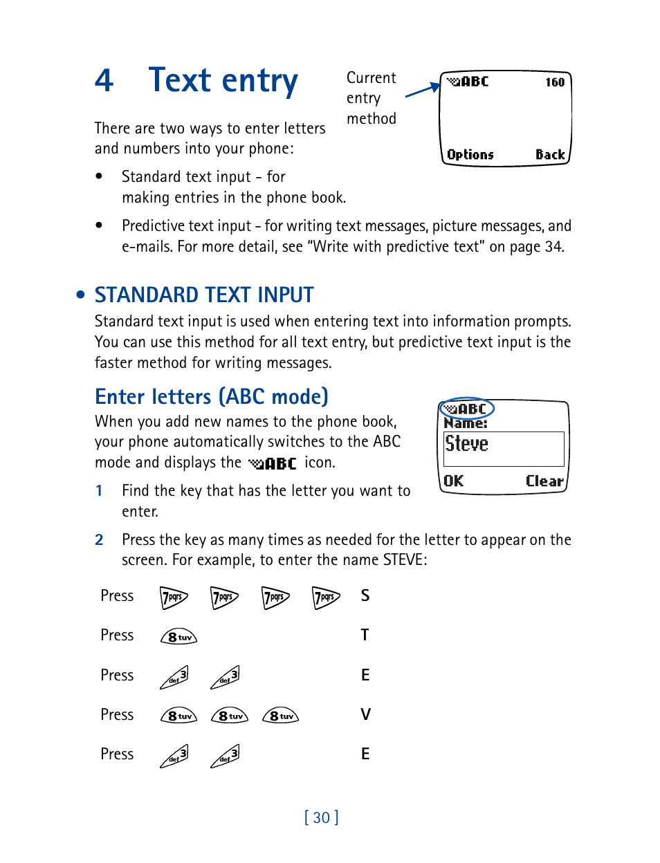 4 text entry, Standard text input, Text entry | 4text entry, Enter letters (abc mode) | Nokia 1261 User Manual | Page 37 / 145