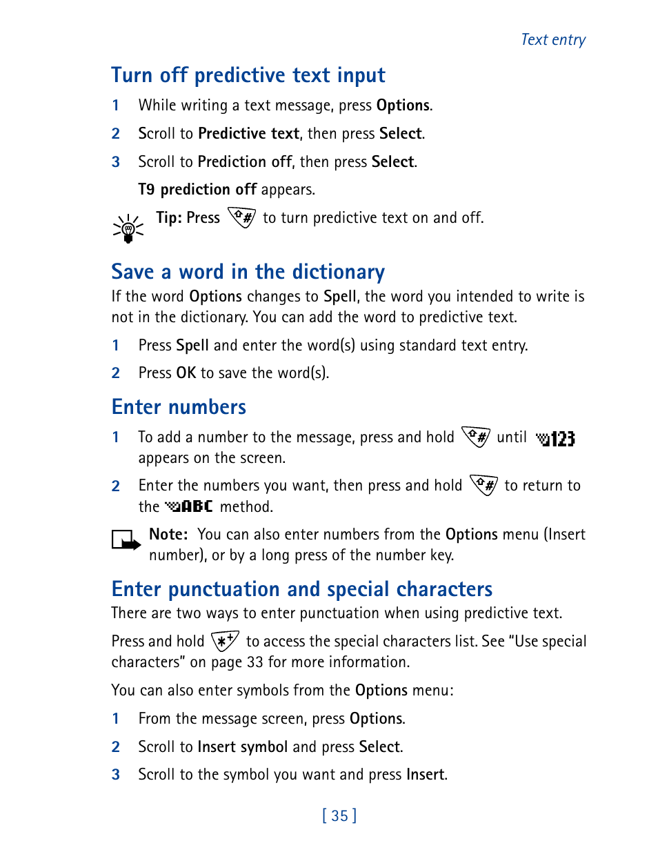 Turn off predictive text input, Save a word in the dictionary, Enter numbers | Enter punctuation and special characters | Nokia 1261 User Manual | Page 42 / 145