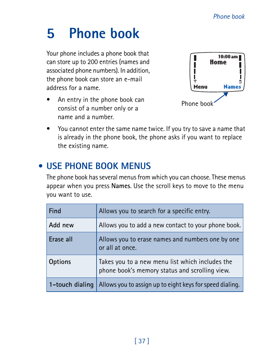 5 phone book, Use phone book menus, Phone book | 5phone book | Nokia 1261 User Manual | Page 44 / 145