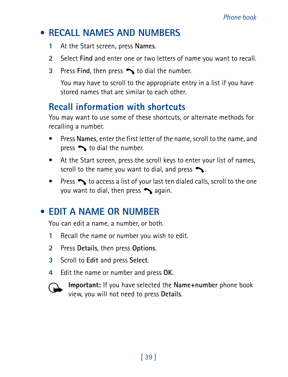 Recall names and numbers, Edit a name or number, Recall names and numbers edit a name or number | Recall information with shortcuts | Nokia 1261 User Manual | Page 46 / 145