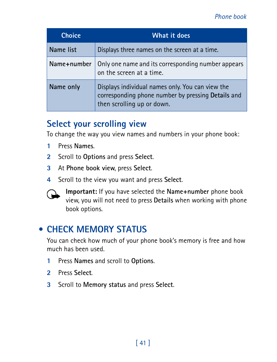 Check memory status, Select your scrolling view | Nokia 1261 User Manual | Page 48 / 145