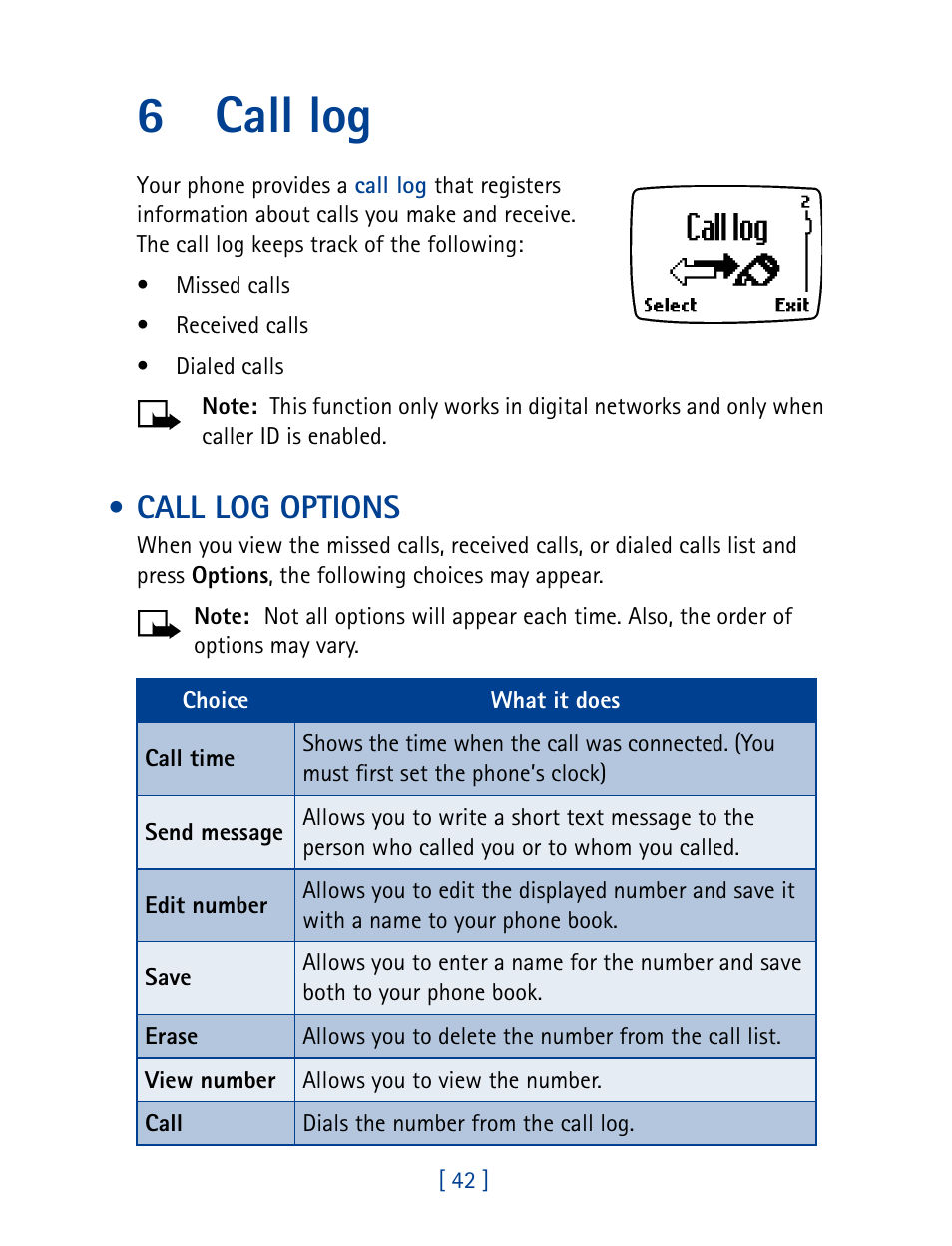 6 call log, Call log options, Call log | 6call log | Nokia 1261 User Manual | Page 49 / 145