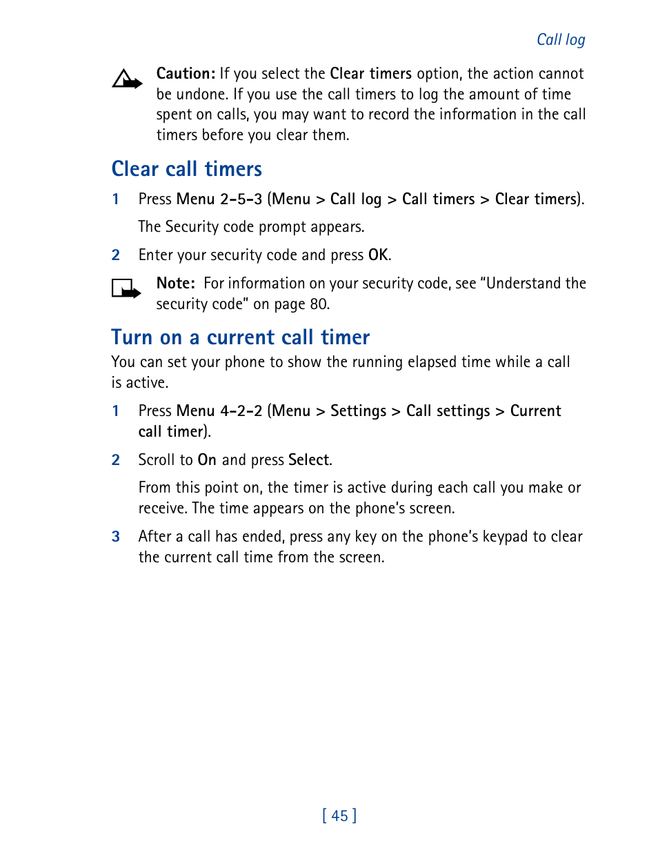 Clear call timers, Turn on a current call timer | Nokia 1261 User Manual | Page 52 / 145