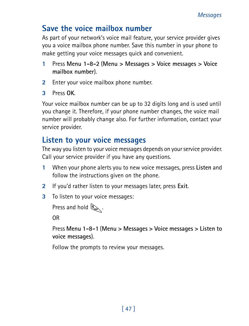 Save the voice mailbox number, Listen to your voice messages | Nokia 1261 User Manual | Page 54 / 145