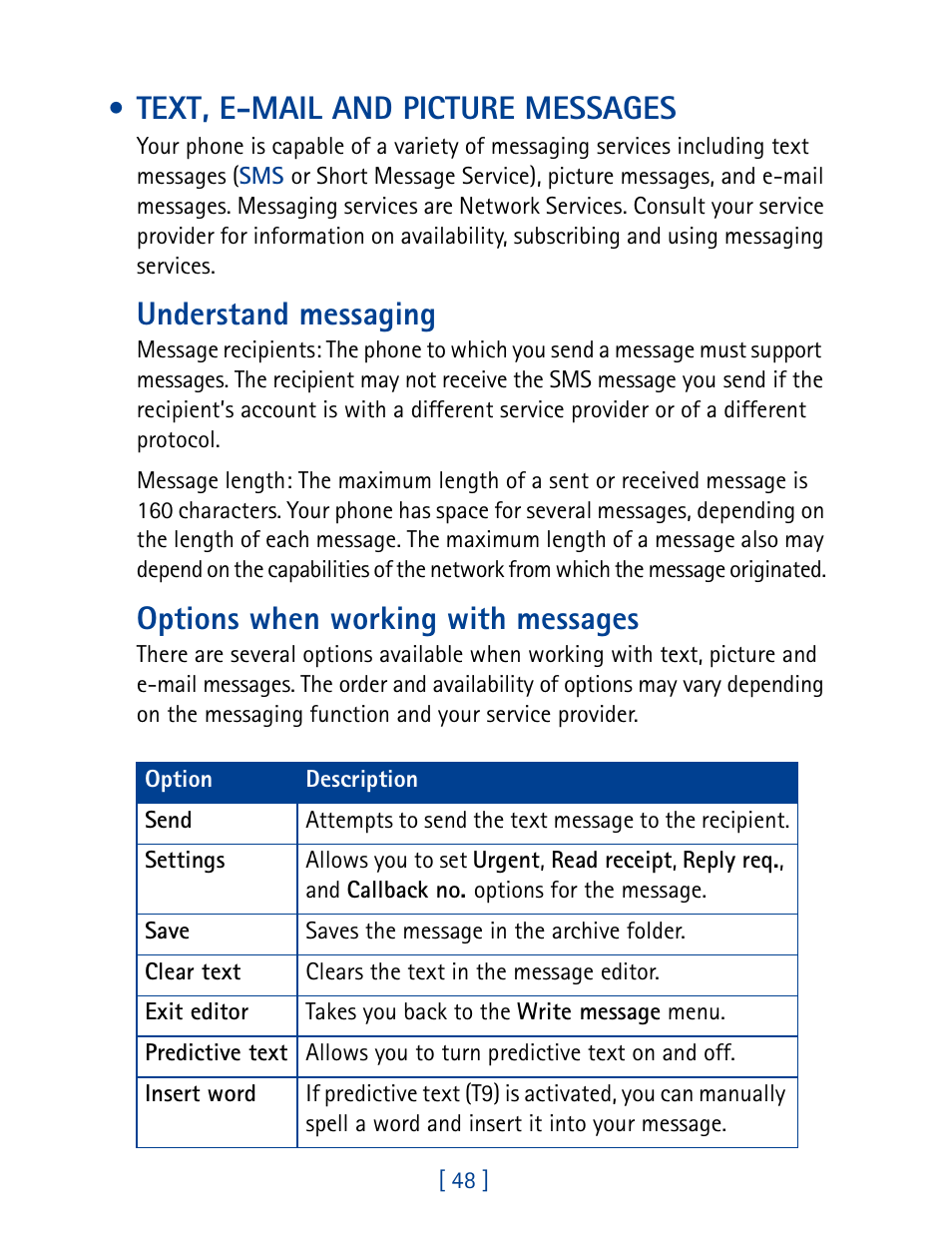 Text, e-mail and picture messages, Understand messaging, Options when working with messages | Nokia 1261 User Manual | Page 55 / 145