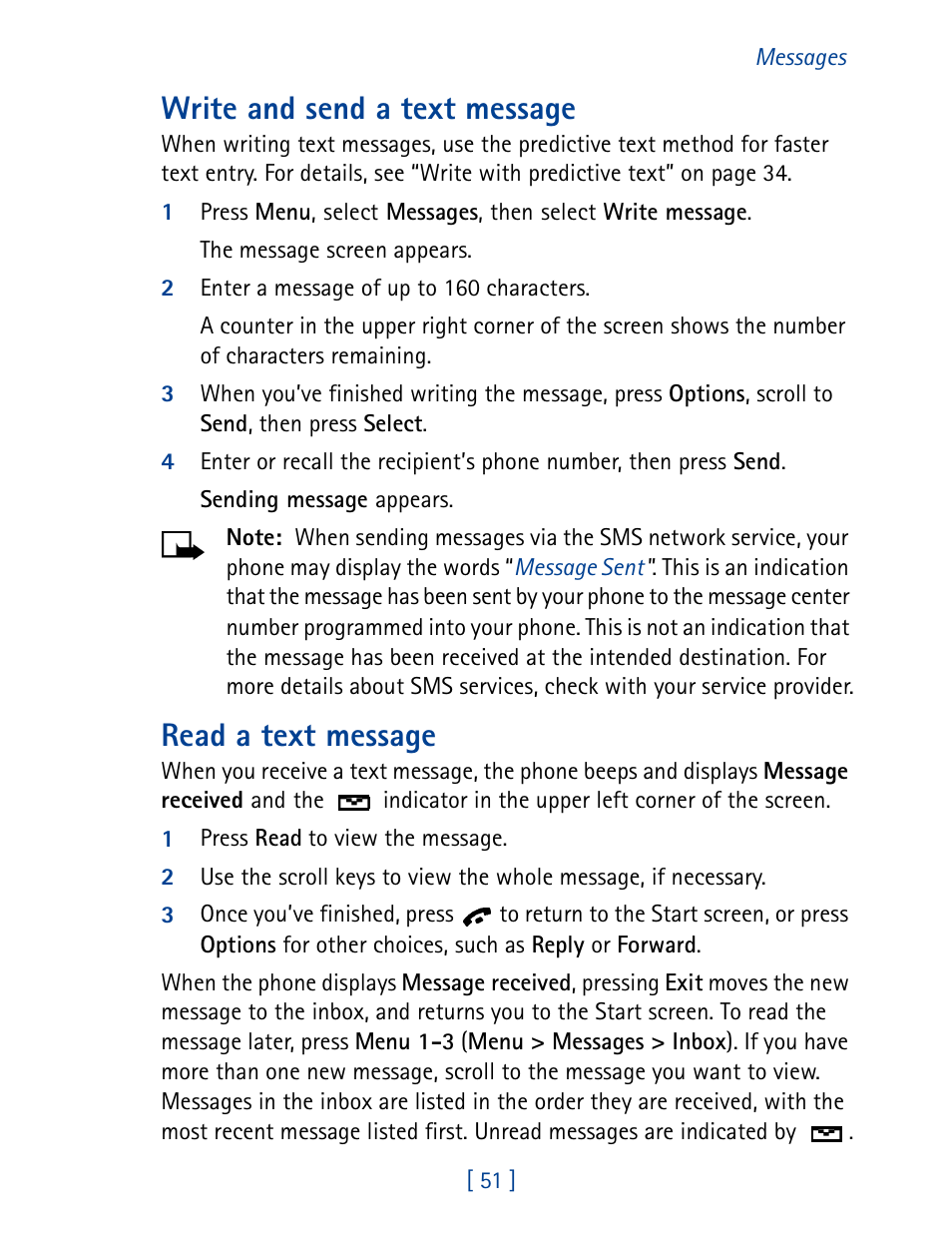 Write and send a text message, Read a text message | Nokia 1261 User Manual | Page 58 / 145