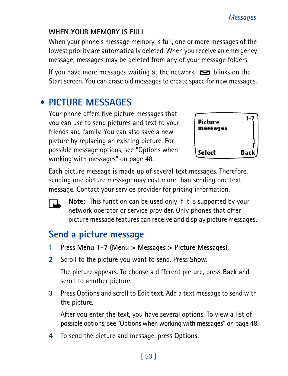 Picture messages, Send a picture message | Nokia 1261 User Manual | Page 60 / 145